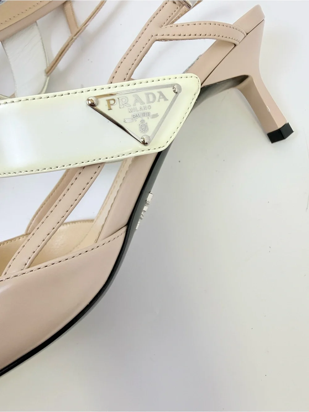 Prada Triangle Logo Mary Jane Slingback Nude Ivory Leather Heel pumps EU 38.5